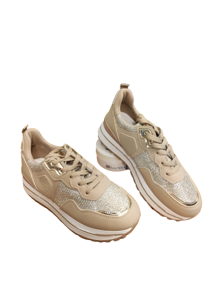 Sneakers Donna con Glitter e Dettagli Dorati – Beige