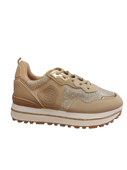 Sneakers Donna con Glitter e Dettagli Dorati – Beige
